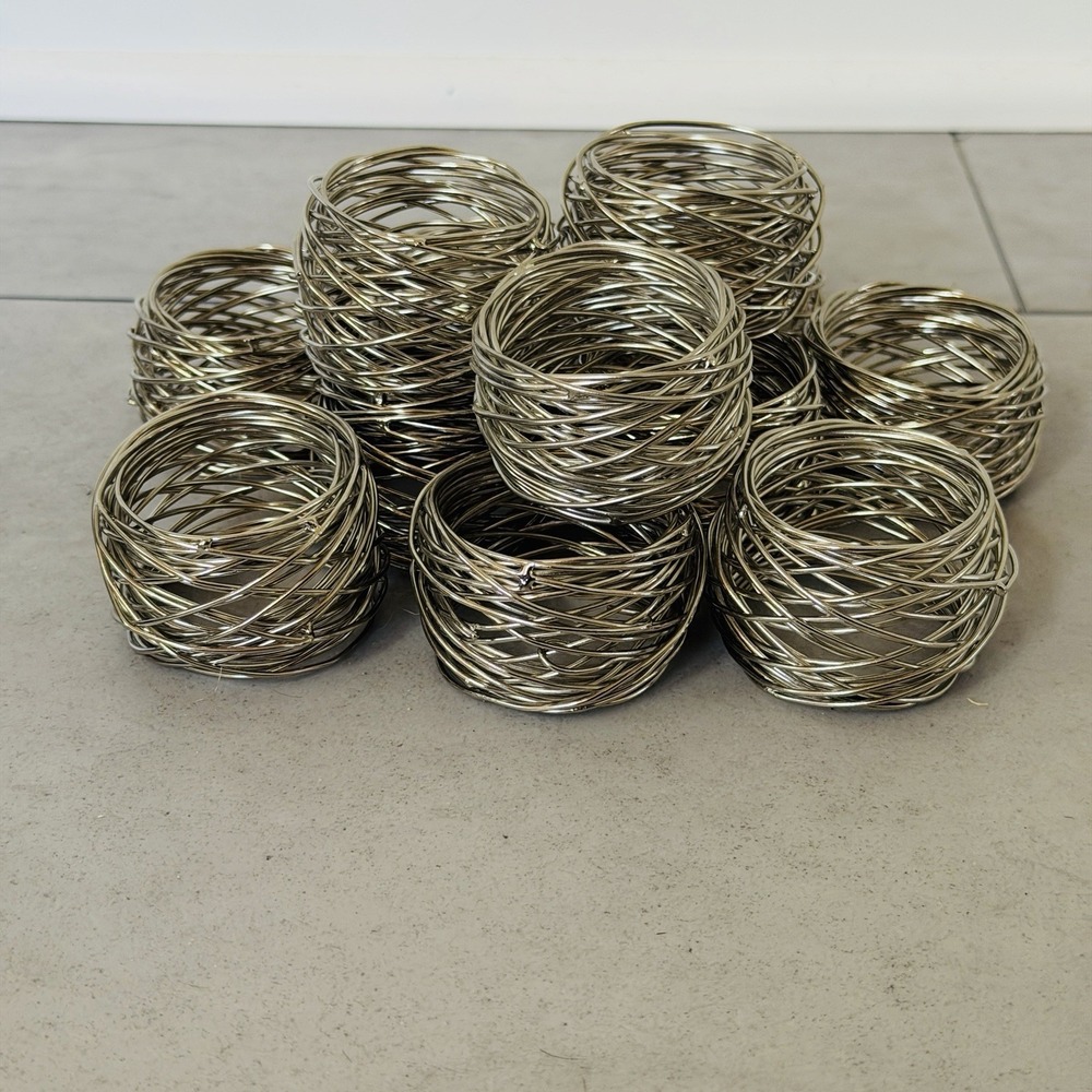 Set of 8 Twisted Silvertone Wire Mesh‎ Napkin Rings- Handmade- Approx. 2" x 1.5"